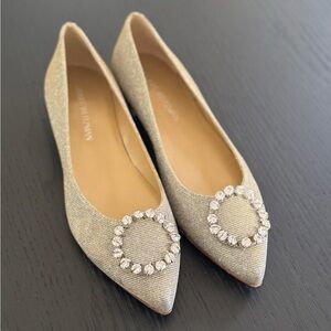 Stuart Weitzman Gold Pointed Toe Crystal Buckle Flats size 11
